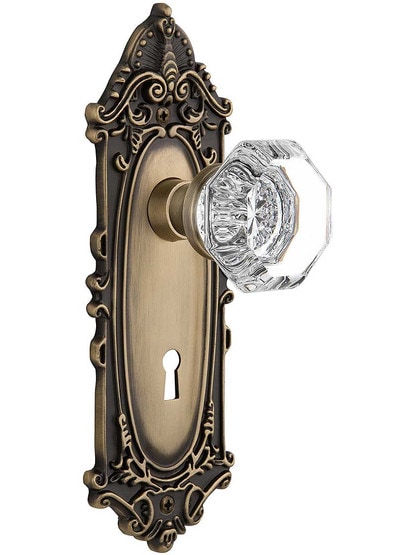 Largo Door Set with Waldorf-Crystal Glass Knobs and Keyhole - 2 3/8 in Antique Brass.